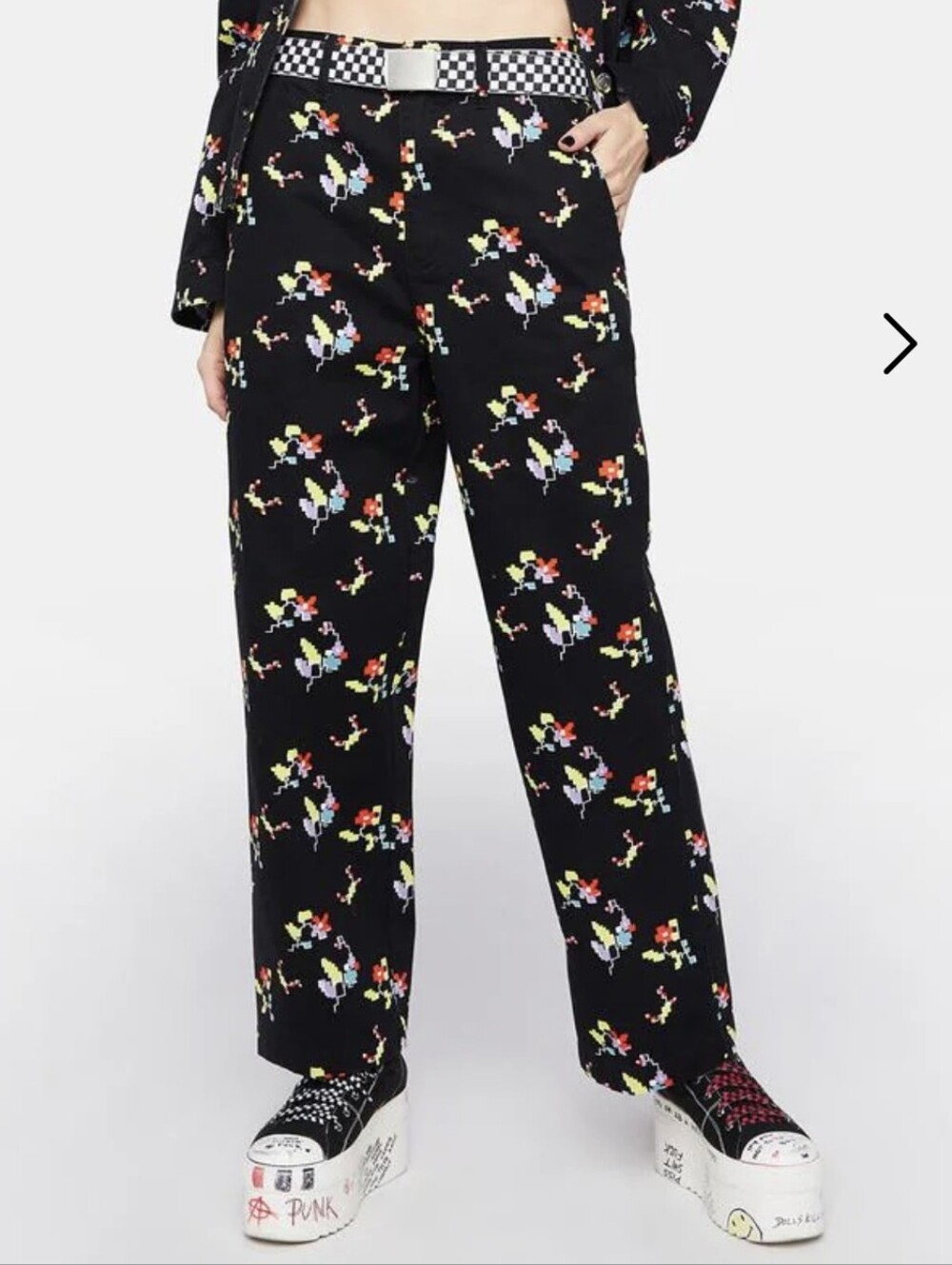 OBEY Futuristic Black & Digital Floral Funky Wide-Leg Carpenter Pants (US 25)